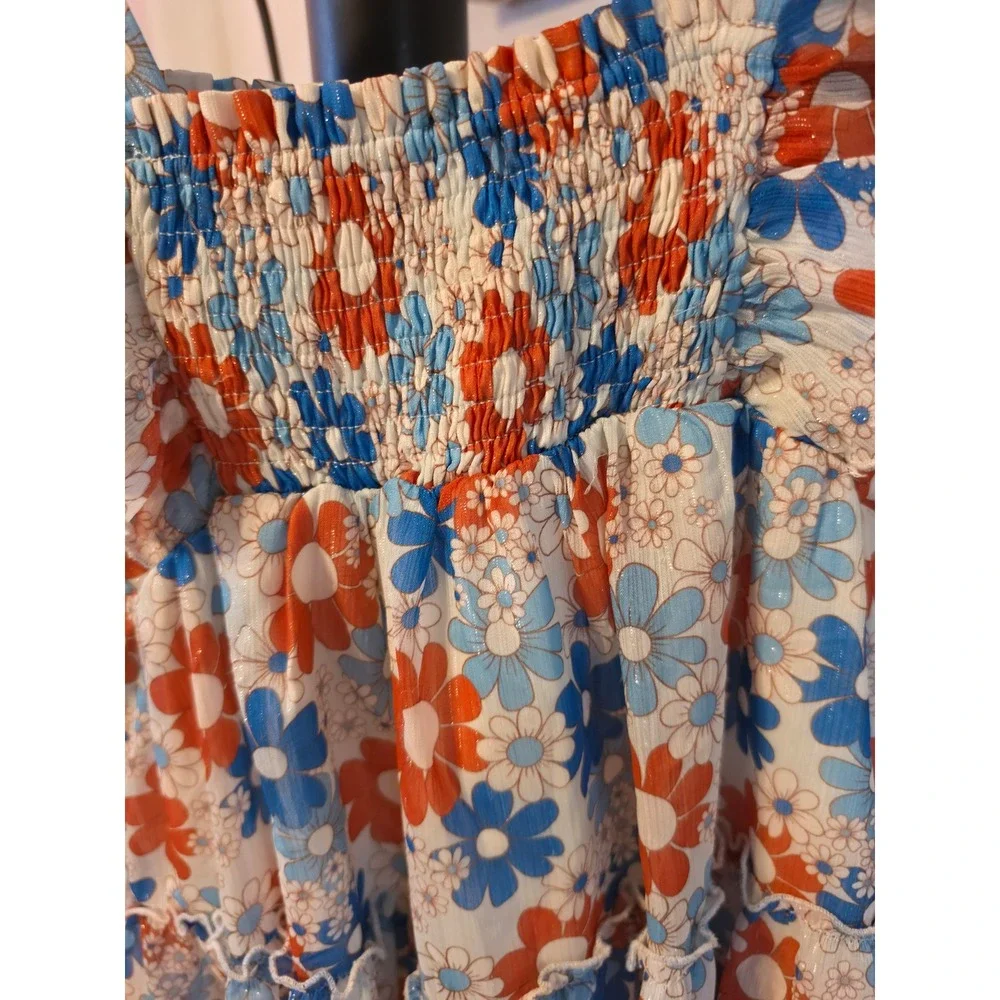 Cheeky Plum Girls Blue Orange Floral Smocked Tiered Flutter Sleeve Dress 6Y